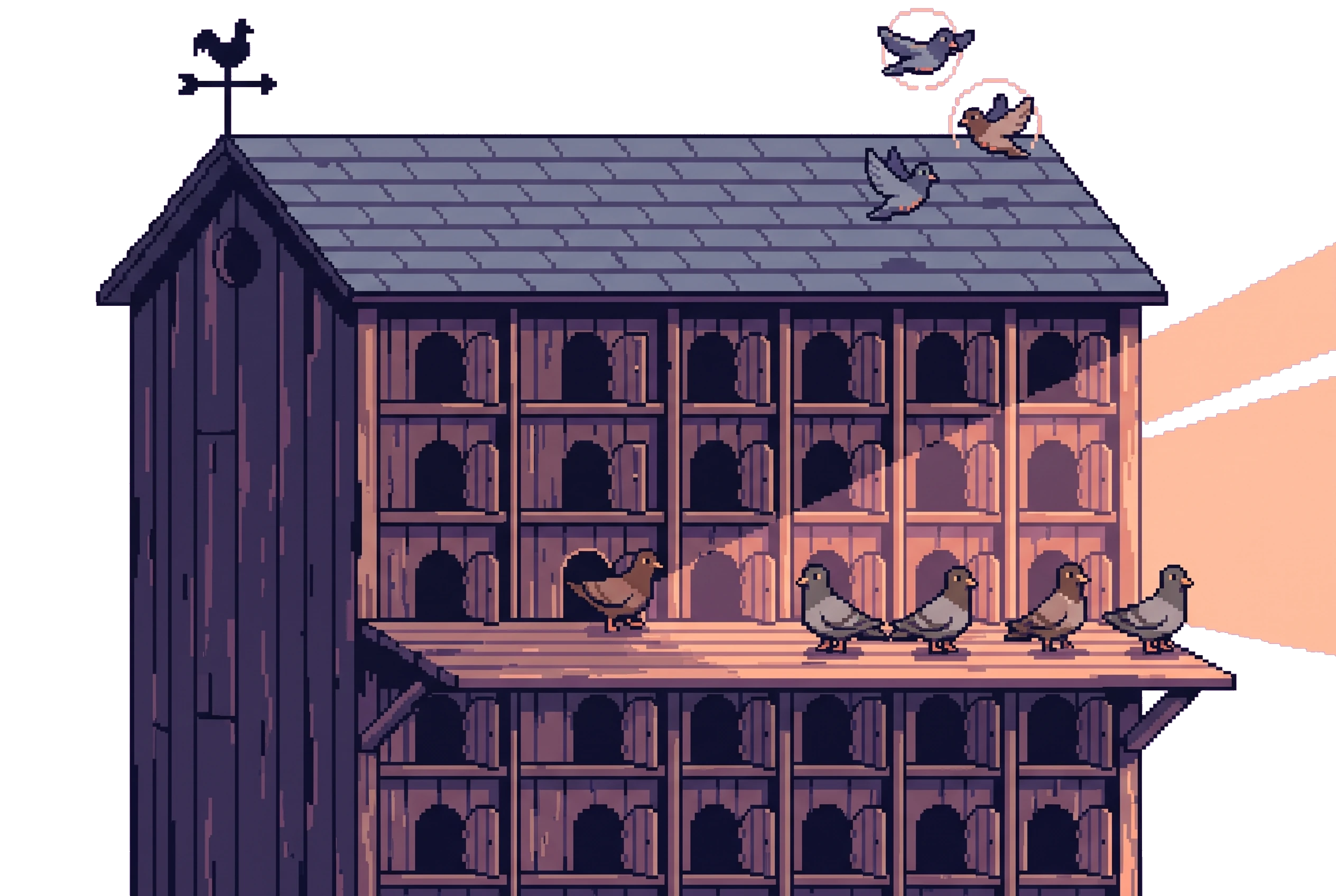 A wooden pigeon loft with its compartment doors propped open and birds queued on the landing board